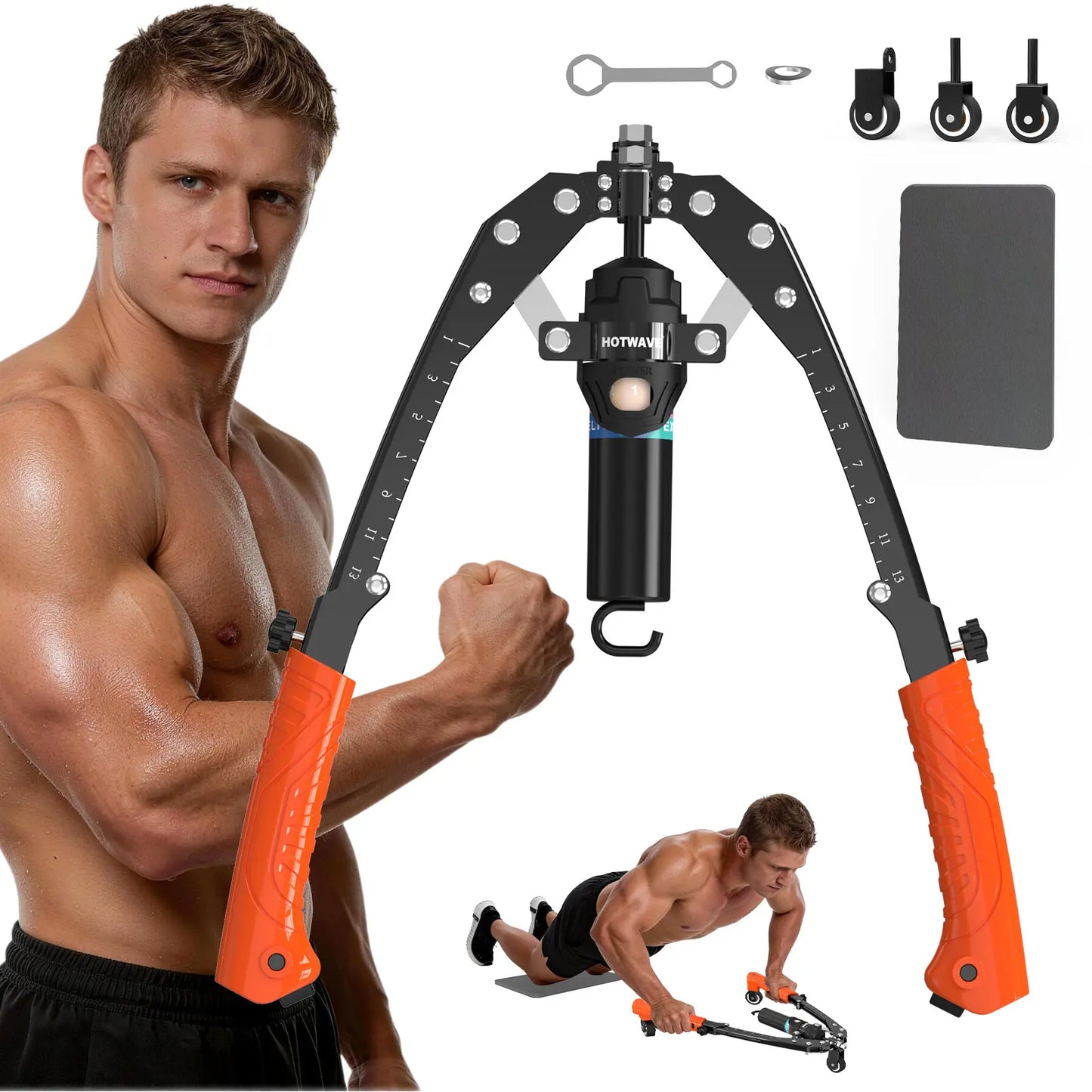 HOTWAVE Hydraulic Arm Trainer with Ab Roller Mode, Adjustable Manual Chest Expander with 15 Levels up to 440 LBS for Resistance Work & Core Exercises, Strength Training, Shoulders Exercises Backtoschool, 15 Resistance Levels, Adjustable Handle, Arms Exerc