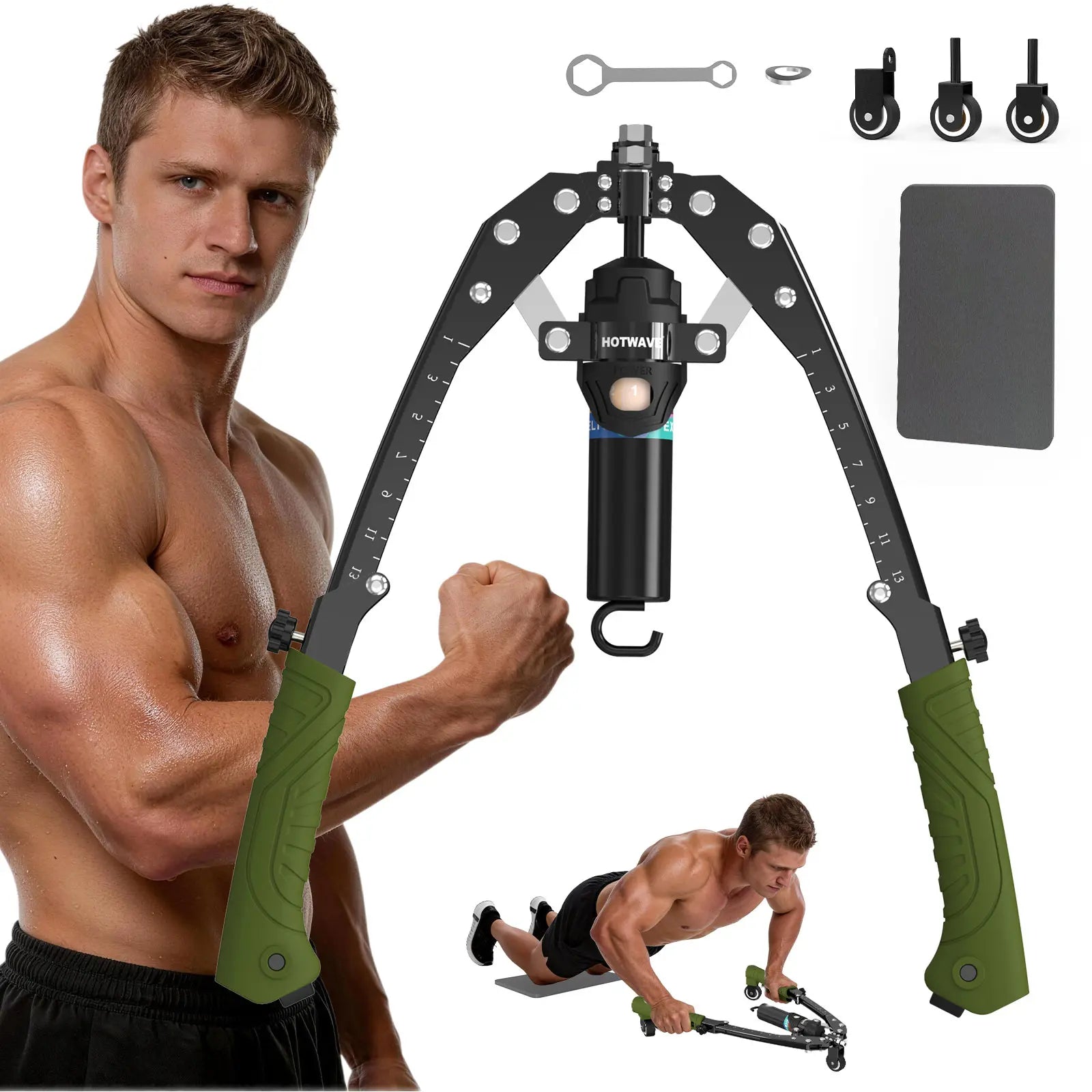 HOTWAVE Hydraulic Arm Trainer with Ab Roller Mode, Adjustable Manual Chest Expander with 15 Levels up to 440 LBS for Resistance Work & Core Exercises, Strength Training, Shoulders Exercises Backtoschool, 15 Resistance Levels, Adjustable Handle, Arms Exerc