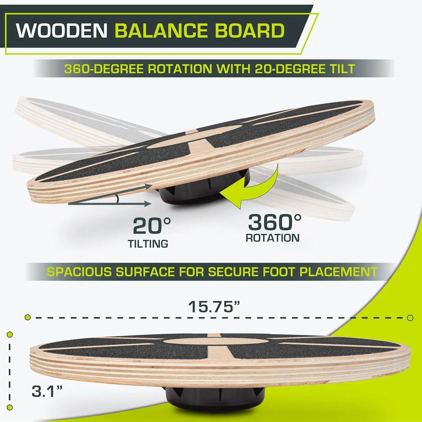 Wooden 360 Degree Rotating Balance Board, Non-Slip Wobble Trainer for Core Stability, Physical Therapy Rehabilitation & Indoor Outdoor Fitness Training